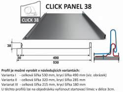 BLACHDOM Click Panel 38 | Click Panel 38/530, 0,60mm, PE Lesk: RAL 7016, Click Panel 38/530, 0,60mm, PE Lesk: RAL 8017, Click Panel 38/530, 0,70mm, PE Lesk: RAL 3011, Click Panel 38/530, 0,70mm, PE Lesk: RAL 7016, Click Panel 38/530, 0,70mm, PE Lesk: RAL 8017, Click Panel 38/530, 0,70mm, PE Lesk: RAL 9006, Click Panel 38/530, 0,70mm, PE Lesk: RAL 9010, Click Panel 38/530, 0,70mm, AlZn 185: Aluzinek, Click Panel 38/320, 0,60mm, PE Lesk: RAL 7016, Click Panel 38/320, 0,60mm, PE Lesk: RAL 8017, Click Panel 38/320, 0,70mm, AlZn 185: Aluzinek, Click Panel 38/320, 0,70mm, PE Lesk: RAL 3011, Click Panel 38/320, 0,70mm, PE Lesk: RAL 7016, Click Panel 38/320, 0,70mm, PE Lesk: RAL 8017, Click Panel 38/320, 0,70mm, PE Lesk: RAL 9006, Click Panel 38/320, 0,70mm, PE Lesk: RAL 9010, Click Panel 38/215, 0,60mm, PE Lesk: RAL 7016, Click Panel 38/215, 0,60mm, PE Lesk: RAL 8017, Click Panel 38/215, 0,70mm, PE Lesk: RAL 3011, Click Panel 38/215, 0,70mm, PE Lesk: RAL 7016, Click Panel 38/215, 0,70mm, PE Lesk: RAL 8017, Click Panel 38/215, 0,70mm, PE Lesk: RAL 9006, Click Panel 38/215, 0,70mm, PE Lesk: RAL 9010, Click Panel 38/215, 0,70mm, AlZn 185: Aluzinek